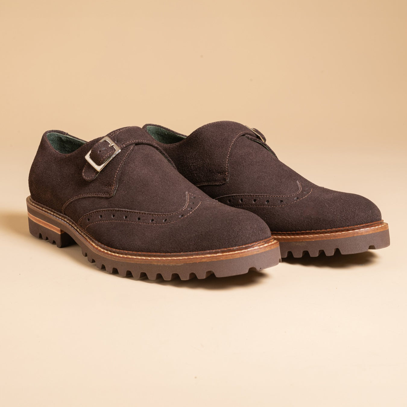 Brown Suede Monkstrap Shoes for men with Commando Soles