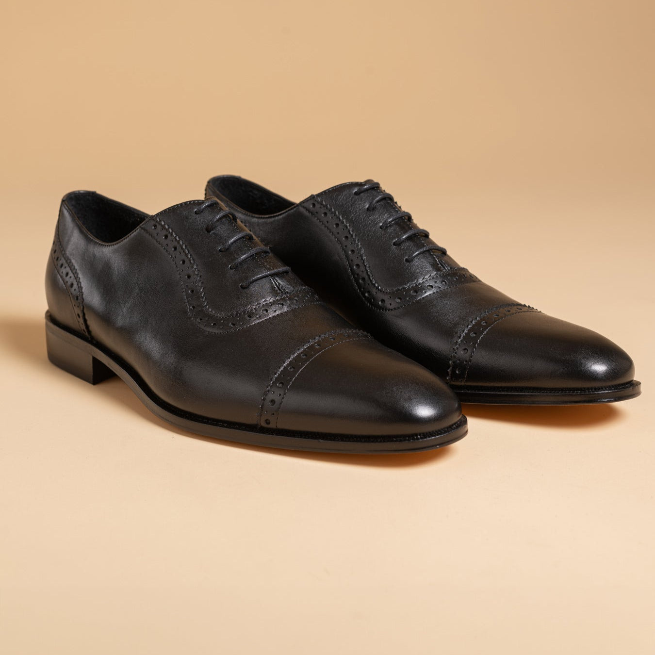 Black Leather Brogued Oxfords